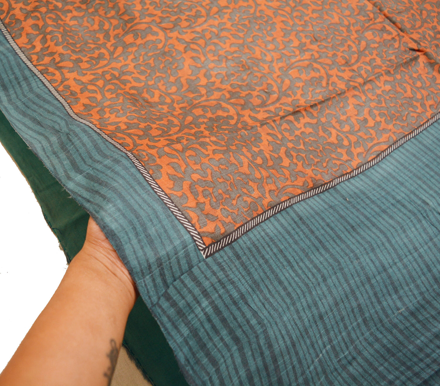 Indian Vintage Orange & Gray Saree Pure Khadi Silk Handloom Printed Indian Sari Fabric 5yard Ethnic Wear Sari Floral