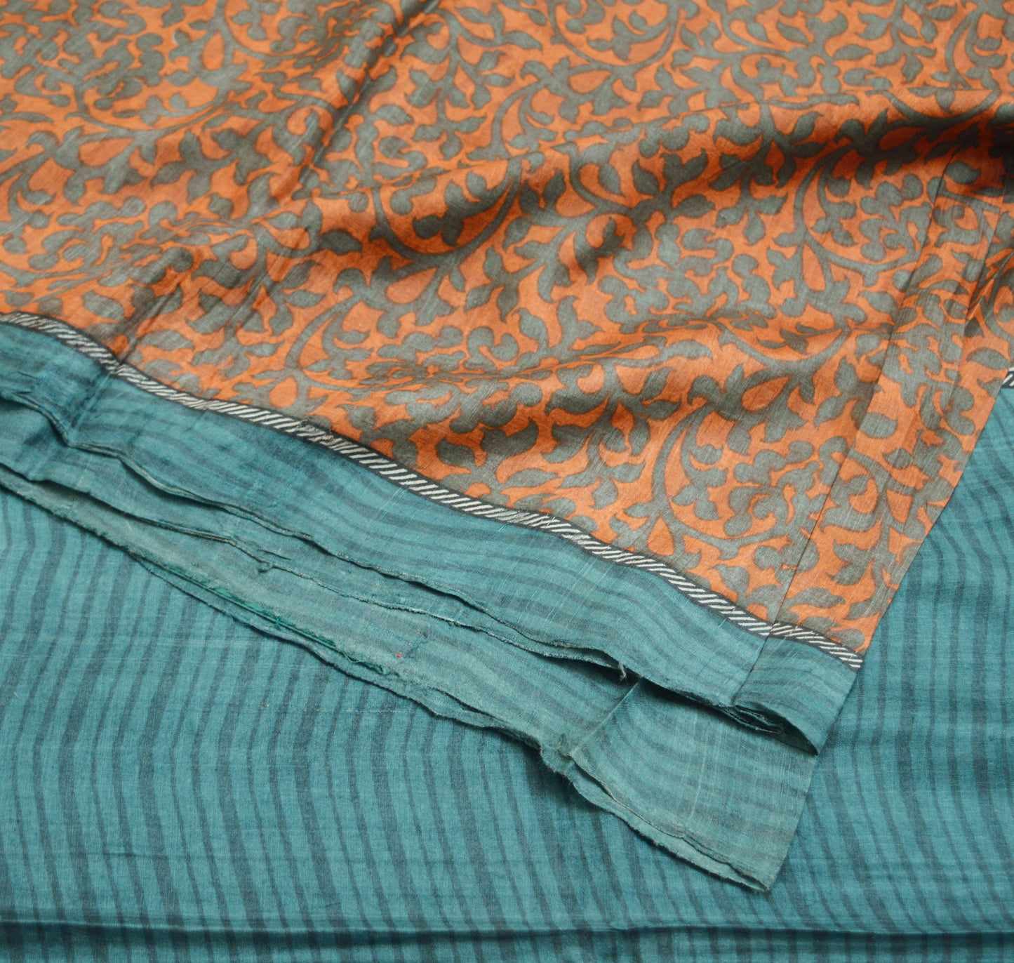 Indian Vintage Orange & Gray Saree Pure Khadi Silk Handloom Printed Indian Sari Fabric 5yard Ethnic Wear Sari Floral