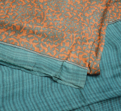 Indian Vintage Orange & Gray Saree Pure Khadi Silk Handloom Printed Indian Sari Fabric 5yard Ethnic Wear Sari Floral