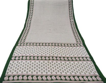 Indian Vintage Sari Gray & Green Printed 100% Pure Cotton Saree Craft Fabric 5Yard Sewing Sarong Wrap Boho Floral