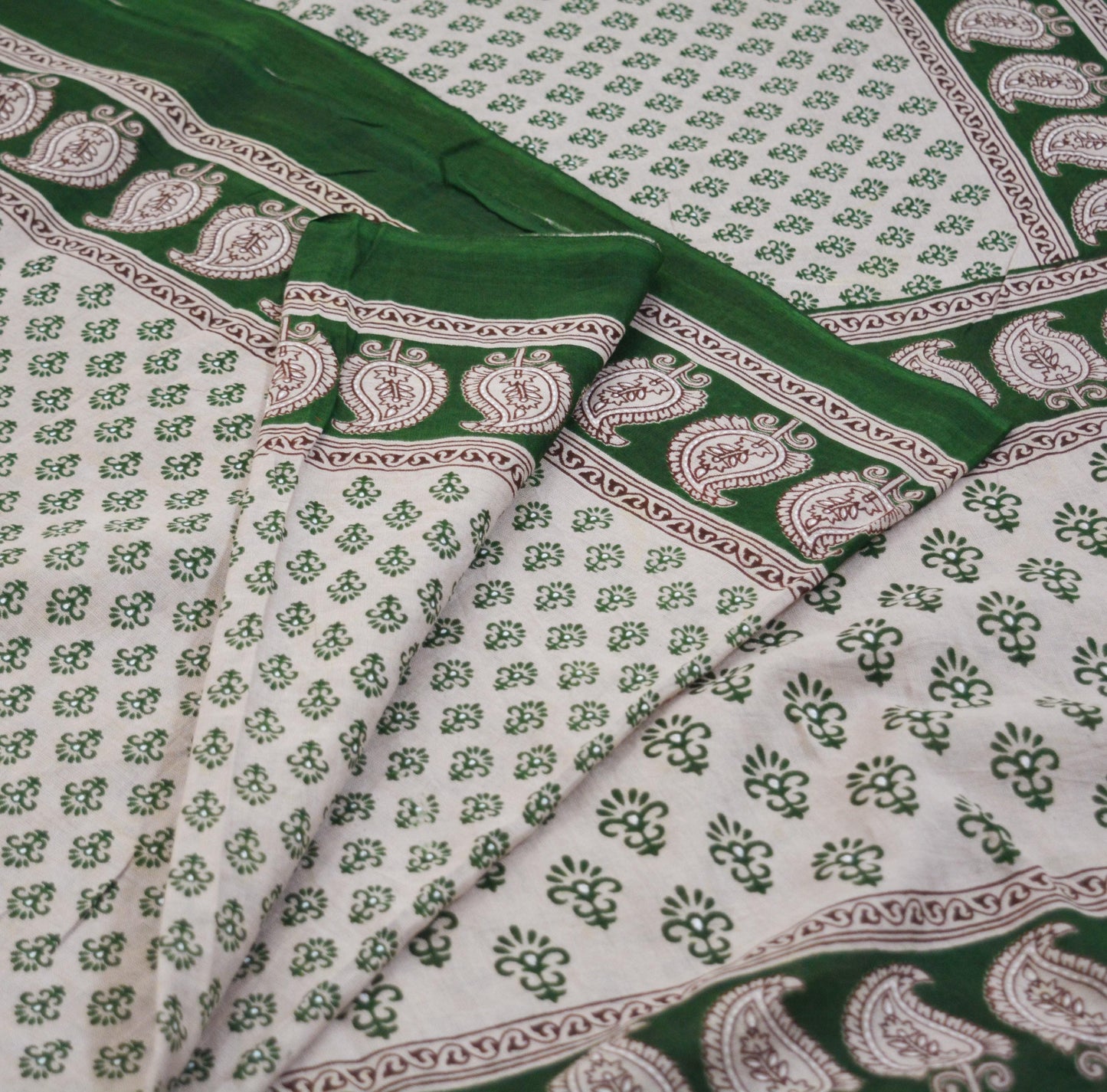 Indian Vintage Sari Gray & Green Printed 100% Pure Cotton Saree Craft Fabric 5Yard Sewing Sarong Wrap Boho Floral