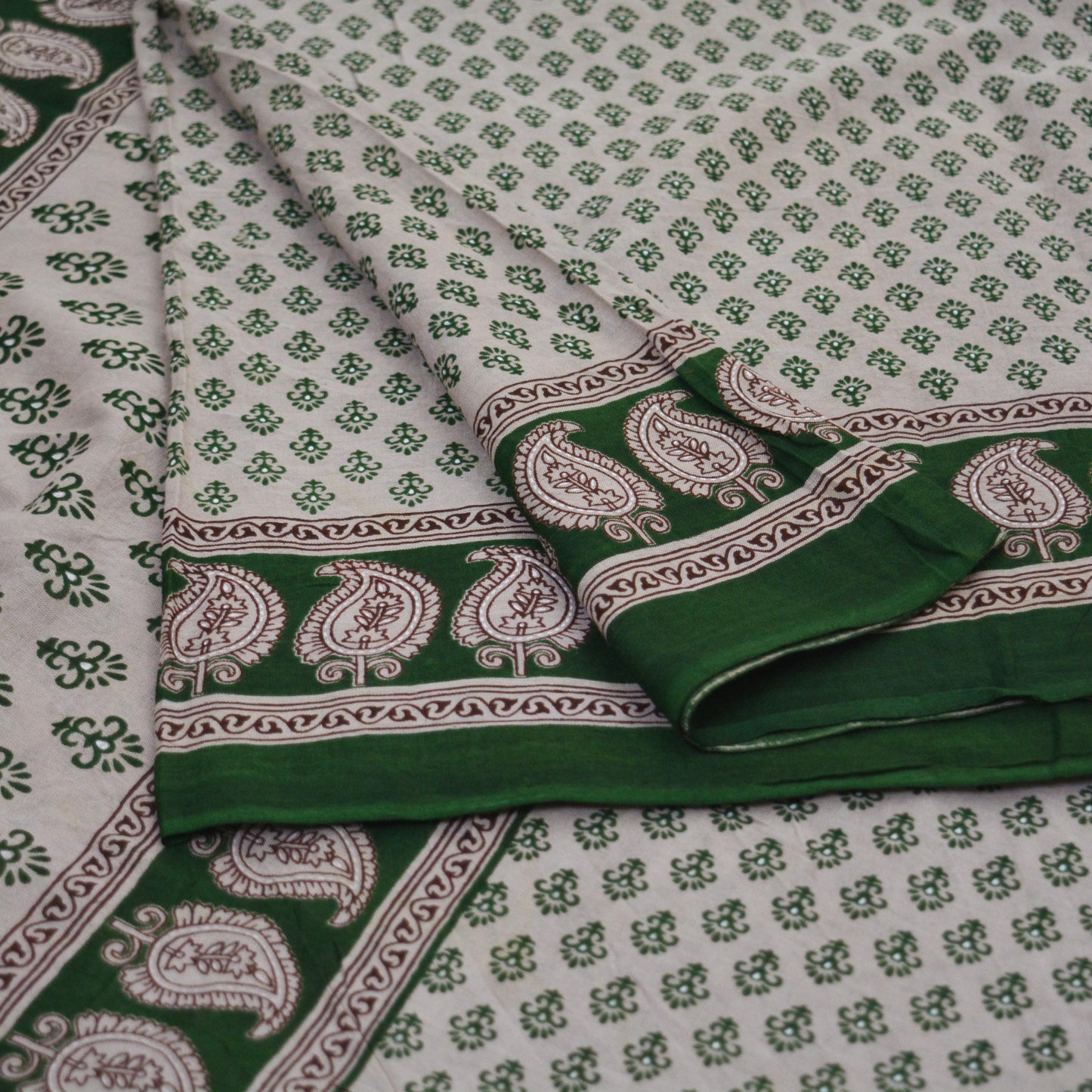 Indian Vintage Sari Gray & Green Printed 100% Pure Cotton Saree Craft Fabric 5Yard Sewing Sarong Wrap Boho Floral