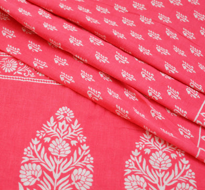 Indian Vintage Sari White & Pink Printed Pure Cotton Saree Craft Soft Fabric 5Yard Sewing Sarong Wrap Boho Floral