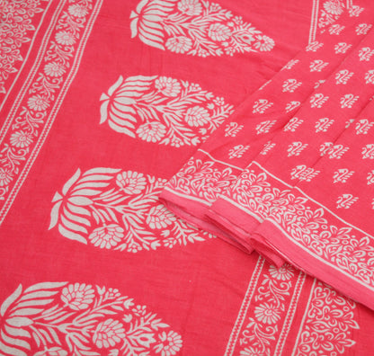 Indian Vintage Sari White & Pink Printed Pure Cotton Saree Craft Soft Fabric 5Yard Sewing Sarong Wrap Boho Floral