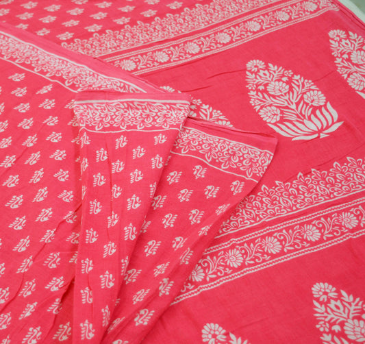 Indian Vintage Sari White & Pink Printed Pure Cotton Saree Craft Soft Fabric 5Yard Sewing Sarong Wrap Boho Floral