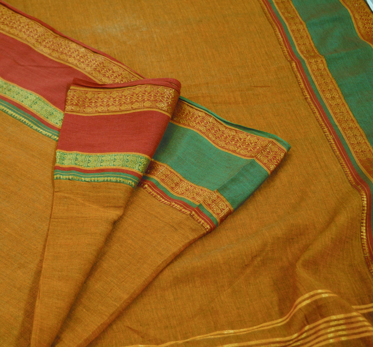 Vintage Sari Saffron Pure Cotton Hand Woven Saree Golden Zari 6Yard Soft Floral Golden Zari
