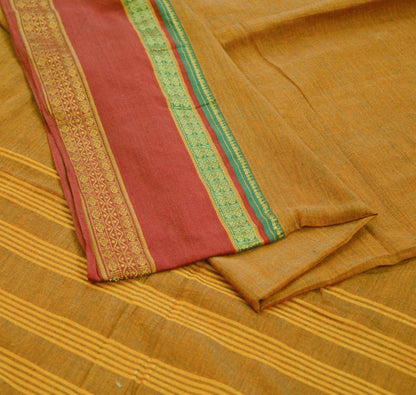 Vintage Sari Saffron Pure Cotton Hand Woven Saree Golden Zari 6Yard Soft Floral Golden Zari