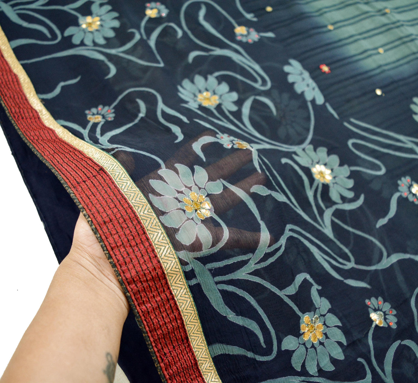Indian Vintage Sari Blue & Gray Pure Chiffon Silk Printed Gota Patti Sarees Fabric Indian Sari 5Yd Dress Making Sewing