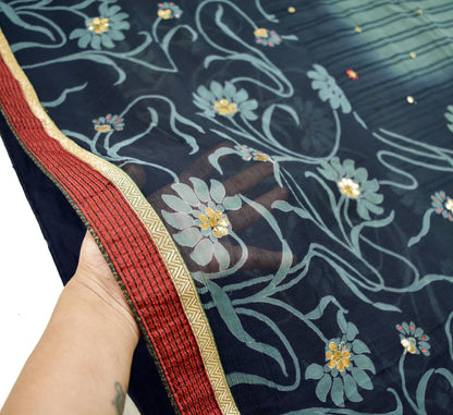 Indian Vintage Sari Blue & Gray Pure Chiffon Silk Printed Gota Patti Sarees Fabric Indian Sari 5Yd Dress Making Sewing