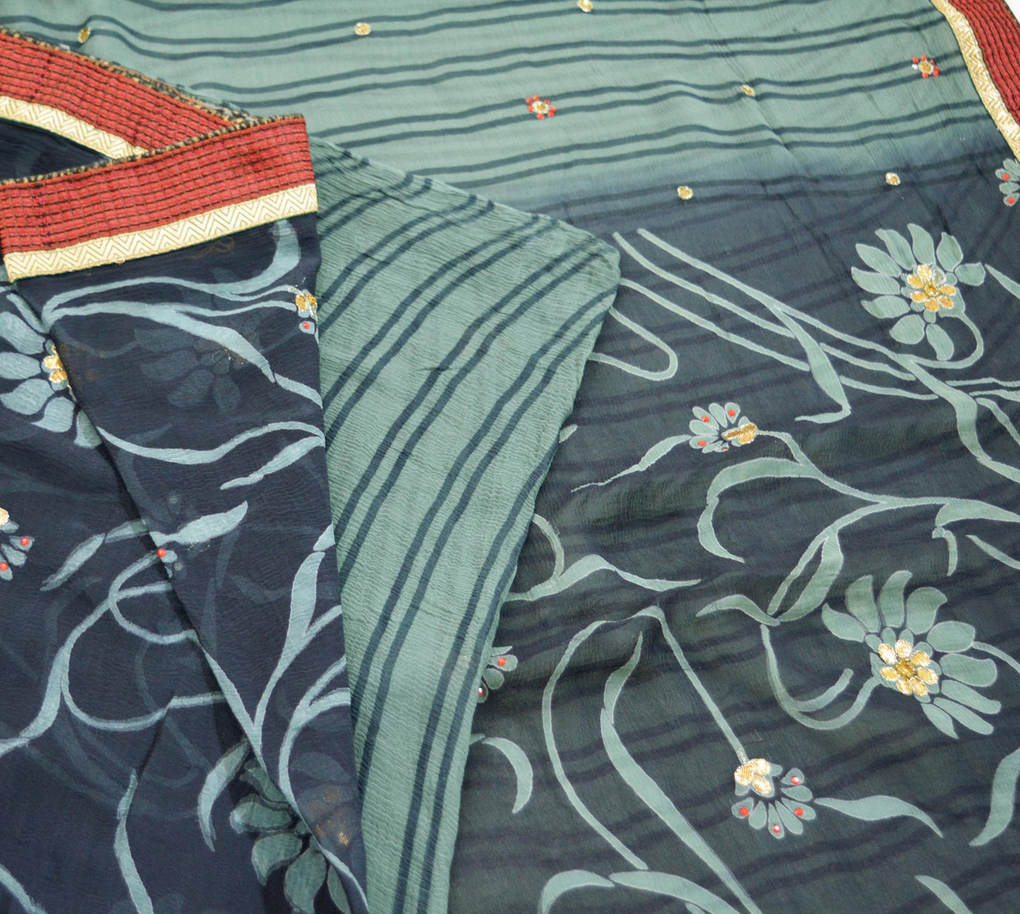 Indian Vintage Sari Blue & Gray Pure Chiffon Silk Printed Gota Patti Sarees Fabric Indian Sari 5Yd Dress Making Sewing