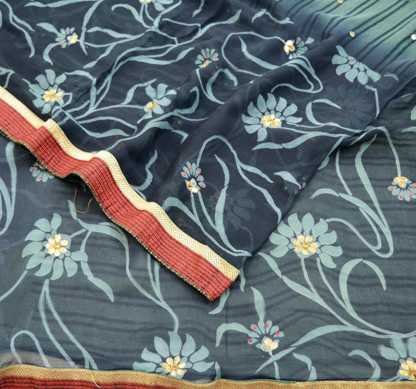 Indian Vintage Sari Blue & Gray Pure Chiffon Silk Printed Gota Patti Sarees Fabric Indian Sari 5Yd Dress Making Sewing