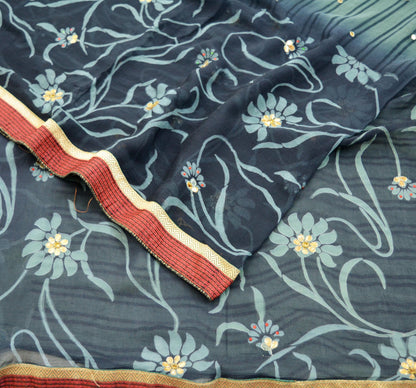 Indian Vintage Sari Blue & Gray Pure Chiffon Silk Printed Gota Patti Sarees Fabric Indian Sari 5Yd Dress Making Sewing