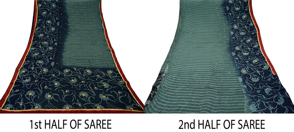 Indian Vintage Sari Blue & Gray Pure Chiffon Silk Printed Gota Patti Sarees Fabric Indian Sari 5Yd Dress Making Sewing