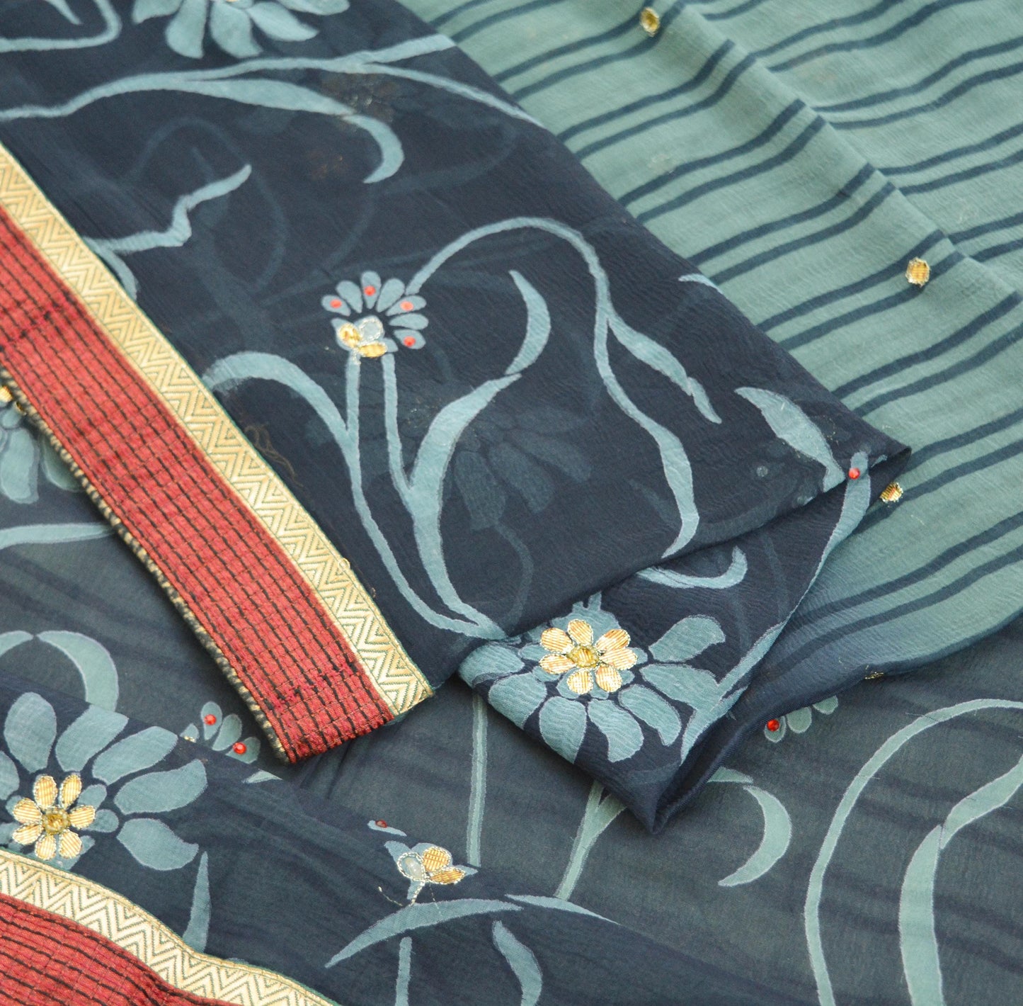 Indian Vintage Sari Blue & Gray Pure Chiffon Silk Printed Gota Patti Sarees Fabric Indian Sari 5Yd Dress Making Sewing