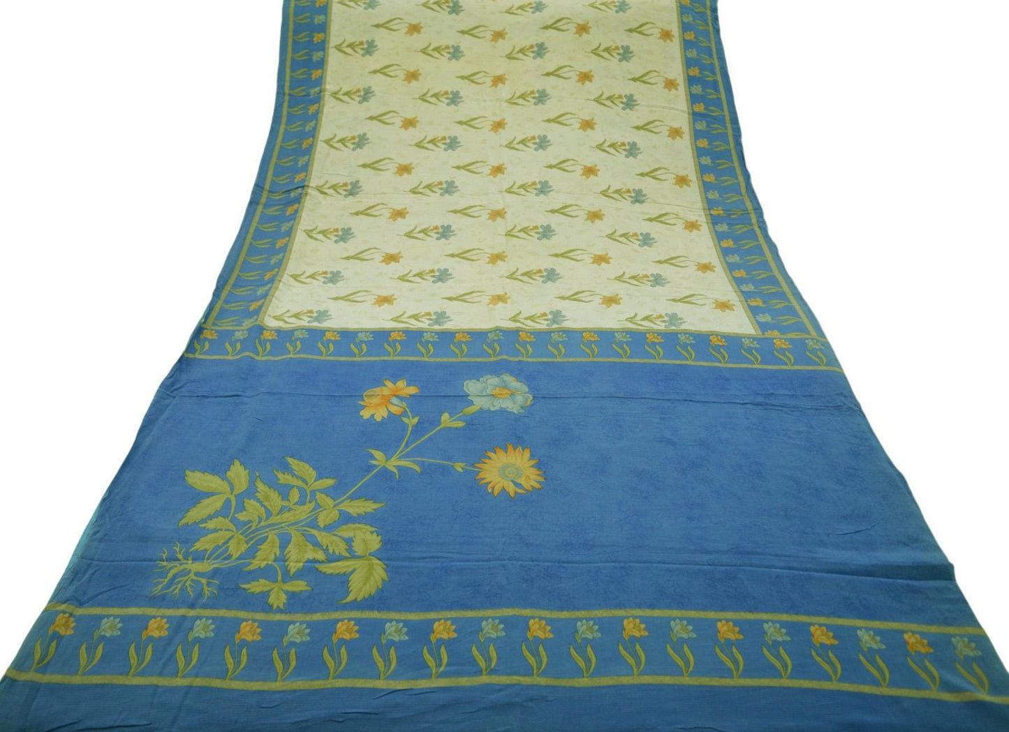 Indian Vintage Sari Blue & Cream Pure Crepe Silk Printed Saree 5yard Sewing Floral Soft Craft Fabric Wrap