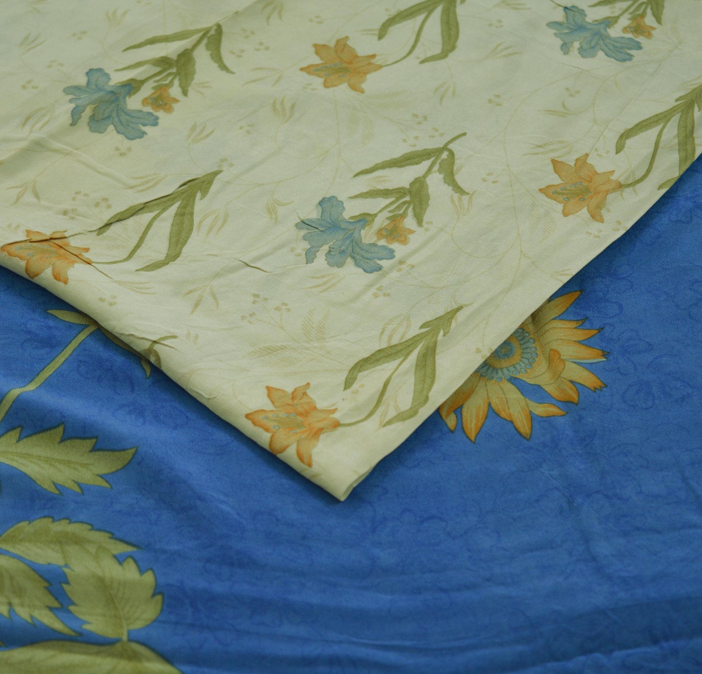 Indian Vintage Sari Blue & Cream Pure Crepe Silk Printed Saree 5yard Sewing Floral Soft Craft Fabric Wrap