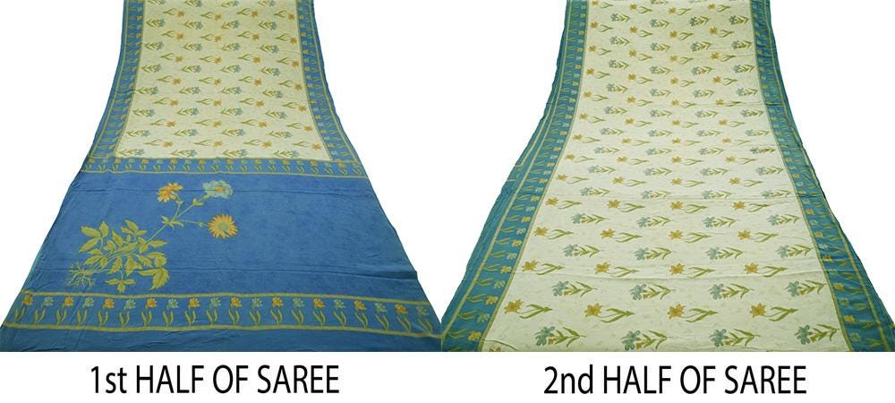 Indian Vintage Sari Blue & Cream Pure Crepe Silk Printed Saree 5yard Sewing Floral Soft Craft Fabric Wrap