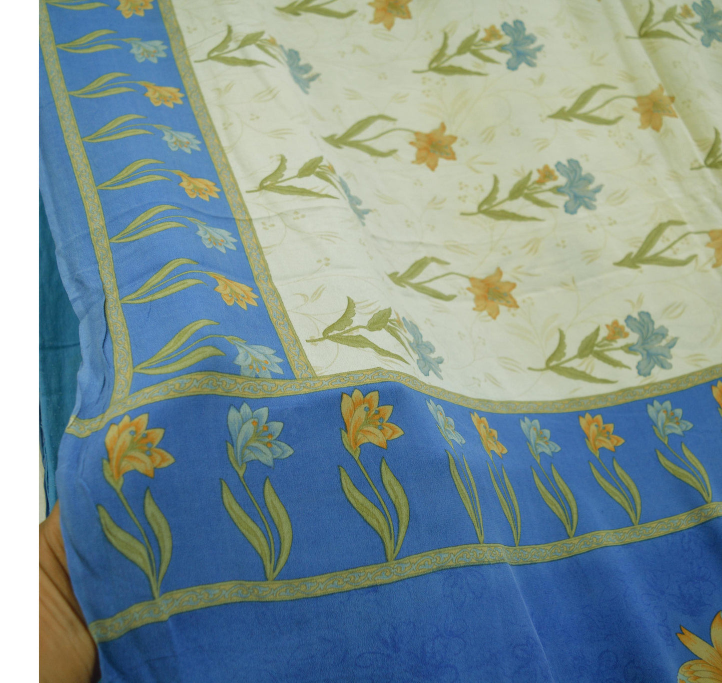 Indian Vintage Sari Blue & Cream Pure Crepe Silk Printed Saree 5yard Sewing Floral Soft Craft Fabric Wrap