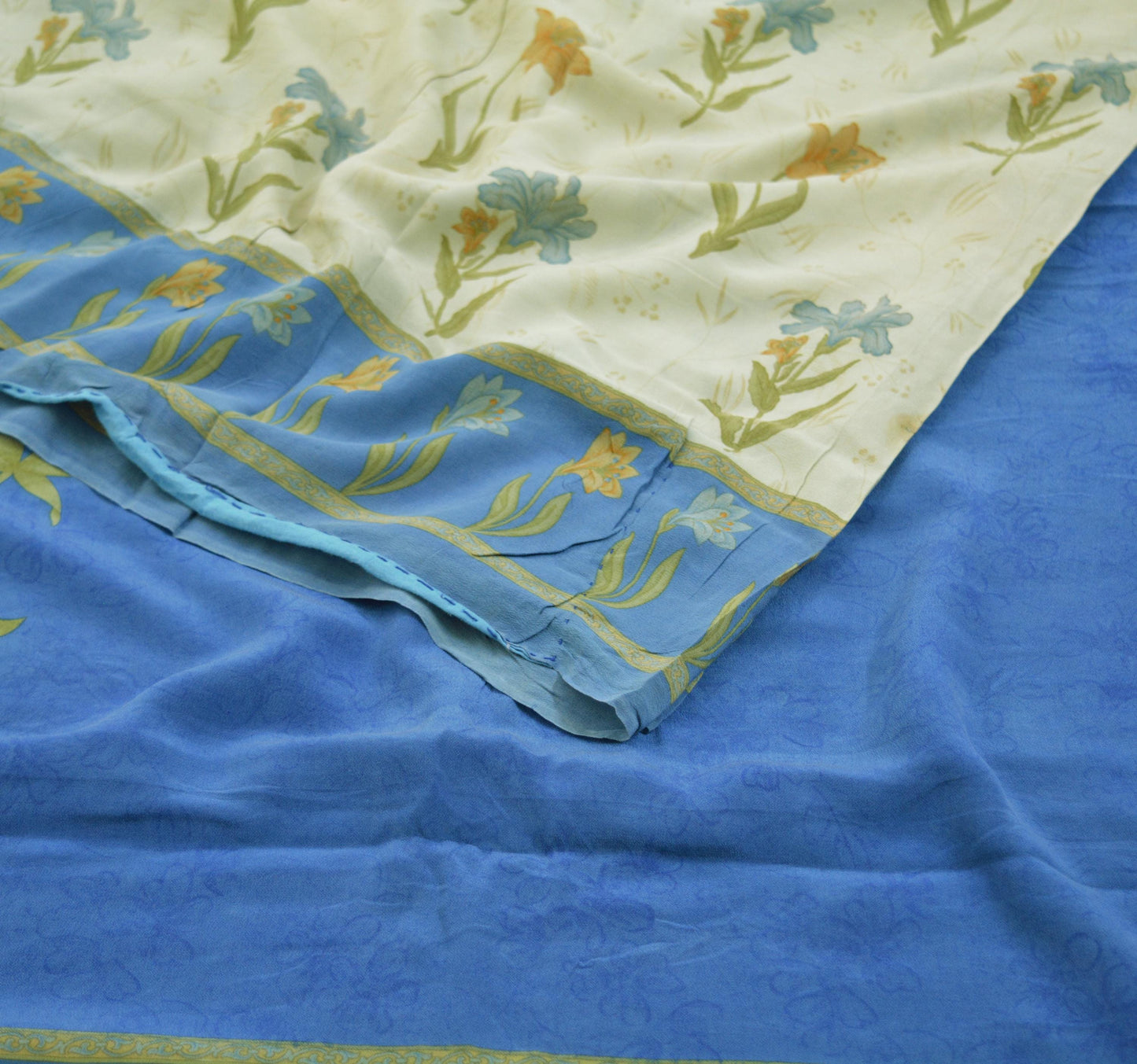 Indian Vintage Sari Blue & Cream Pure Crepe Silk Printed Saree 5yard Sewing Floral Soft Craft Fabric Wrap
