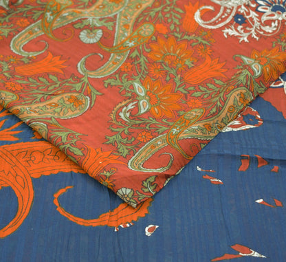 Indian Vintage Sari Saffron & Blue Pure Crepe Silk Printed Saree 5yard Sewing Soft Craft Fabric Ethnic Wrap