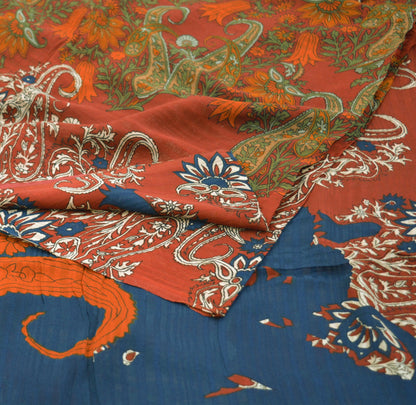 Indian Vintage Sari Saffron & Blue Pure Crepe Silk Printed Saree 5yard Sewing Soft Craft Fabric Ethnic Wrap