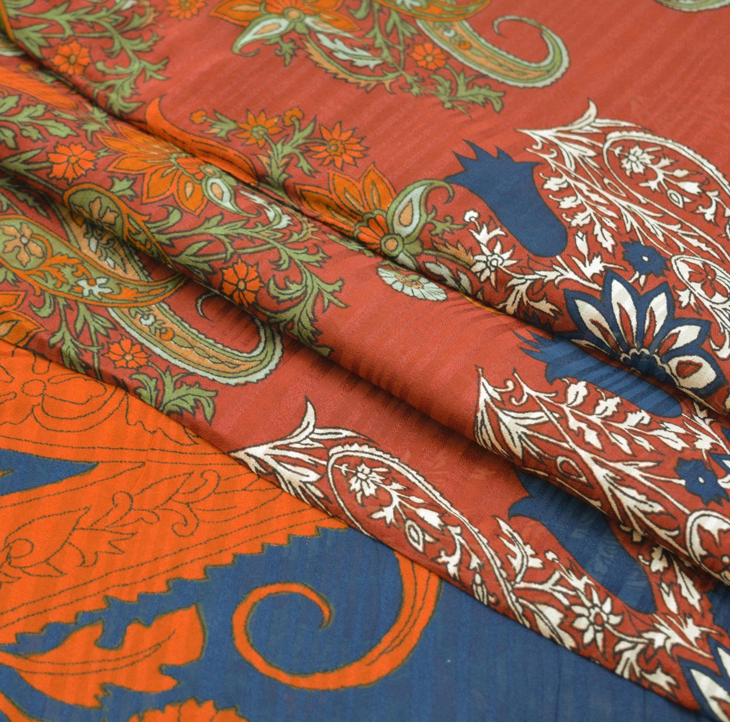 Indian Vintage Sari Saffron & Blue Pure Crepe Silk Printed Saree 5yard Sewing Soft Craft Fabric Ethnic Wrap