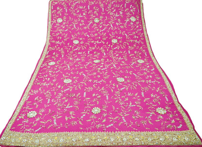 Indian Women Vintage Heavy Pink Dupatta Pure silk Long Stole Hand Embroidered Hijab Scarves Veil Wrap Zardozi Dabka