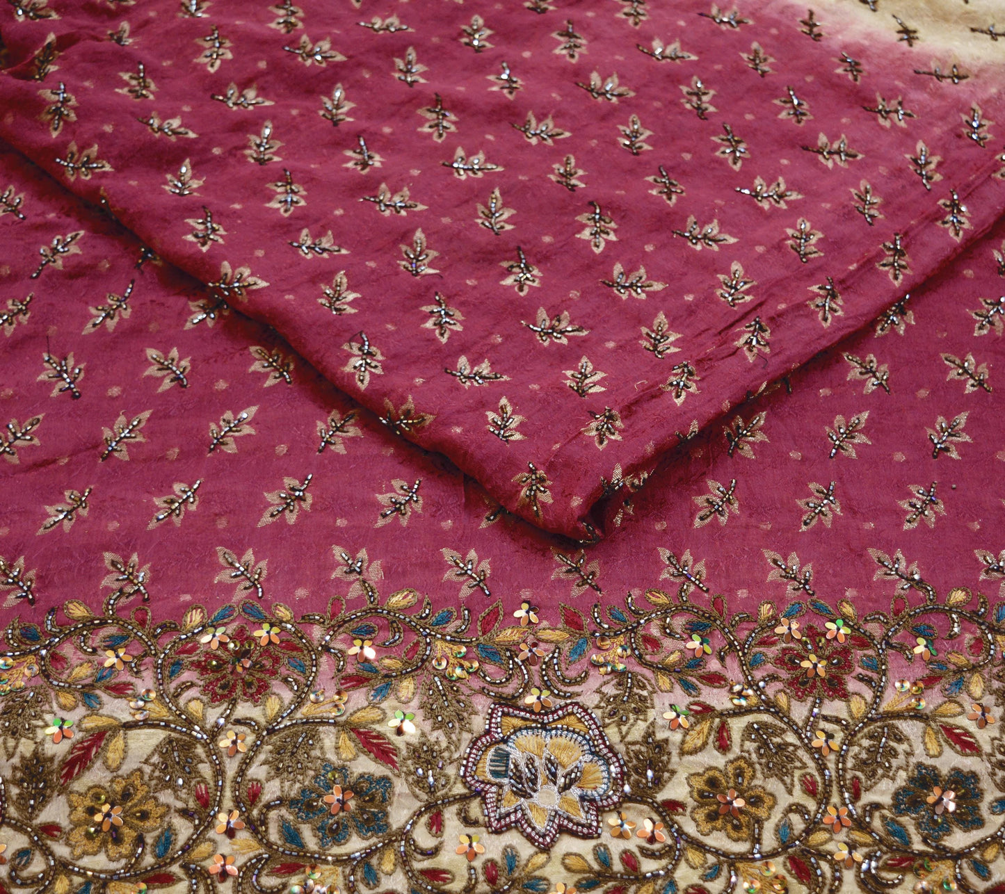 Indian Vintage Saree Pure Silk Hand Beaded Indian Sari Fabric 5Yard Sewing Soft Ethnic Glass Beaded