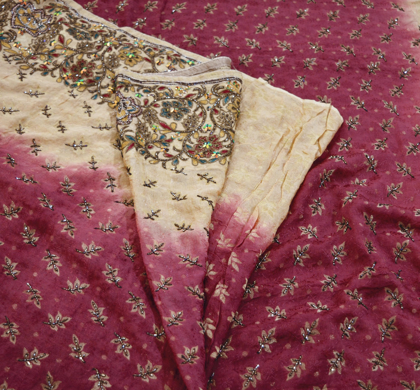 Indian Vintage Saree Pure Silk Hand Beaded Indian Sari Fabric 5Yard Sewing Soft Ethnic Glass Beaded