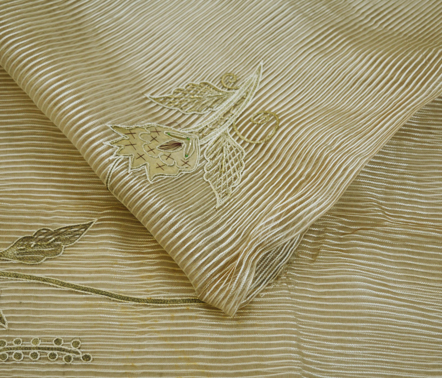 Indian Vintage Beige Heavy Saree Hand Embroidered Pure Organza Silk Indian Sari Fabric 5Yard Ethnic Floral Zardozi Dabka