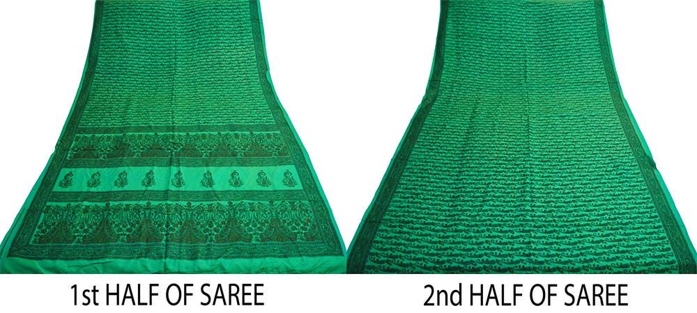 Indian Vintage Sari Green Pure Silk Printed Saree 5yard Sewing Craft Fabric DressMaking Soft