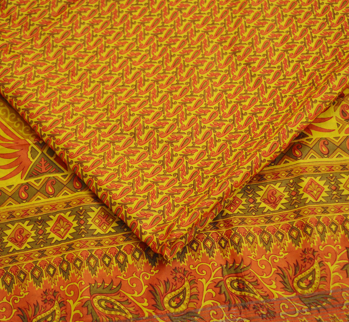 Indian Vintage Sari Yellow Pure Silk Printed Saree 6yd Sewing Craft Fabric DressMaking Soft