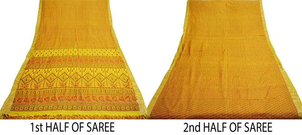 Indian Vintage Sari Yellow Pure Silk Printed Saree 6yd Sewing Craft Fabric DressMaking Soft