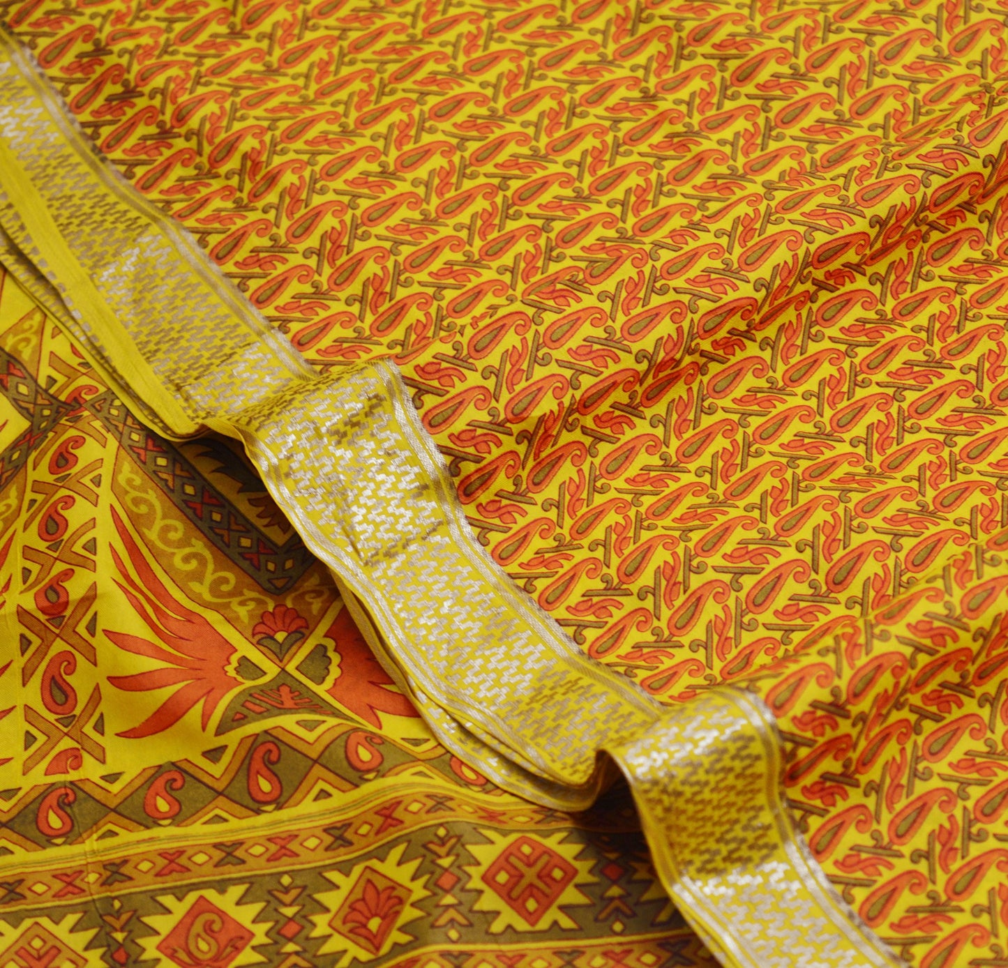 Indian Vintage Sari Yellow Pure Silk Printed Saree 6yd Sewing Craft Fabric DressMaking Soft