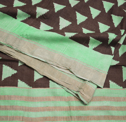 Indian Vintage Brown & Green Saree Pure Khadi Silk Handloom Woven Indian Sari Fabric 5yard Ethnic Wear Sari Zari Border