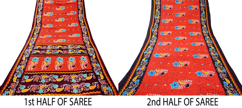 Indian Vintage Sari Brown & Orange Batik Printed 100% Pure Cotton Saree Craft Soft Fabric 5Yard Sewing Sarong Wrap Boho