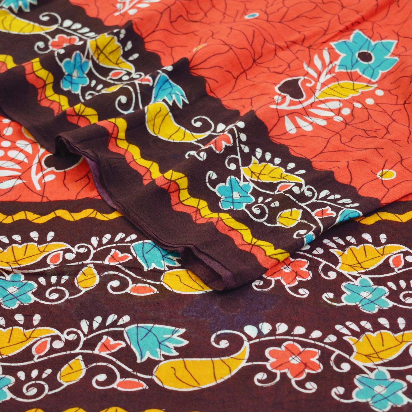 Indian Vintage Sari Brown & Orange Batik Printed 100% Pure Cotton Saree Craft Soft Fabric 5Yard Sewing Sarong Wrap Boho