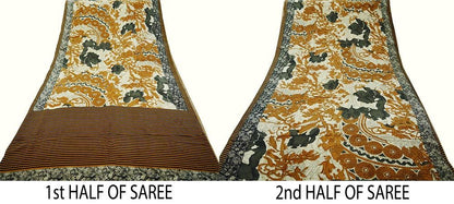 Indian Vintage Sari Ivory & Saffron Pure Crepe Silk Printed Saree 5yard Sewing Abstract Soft Craft Fabric Wrap