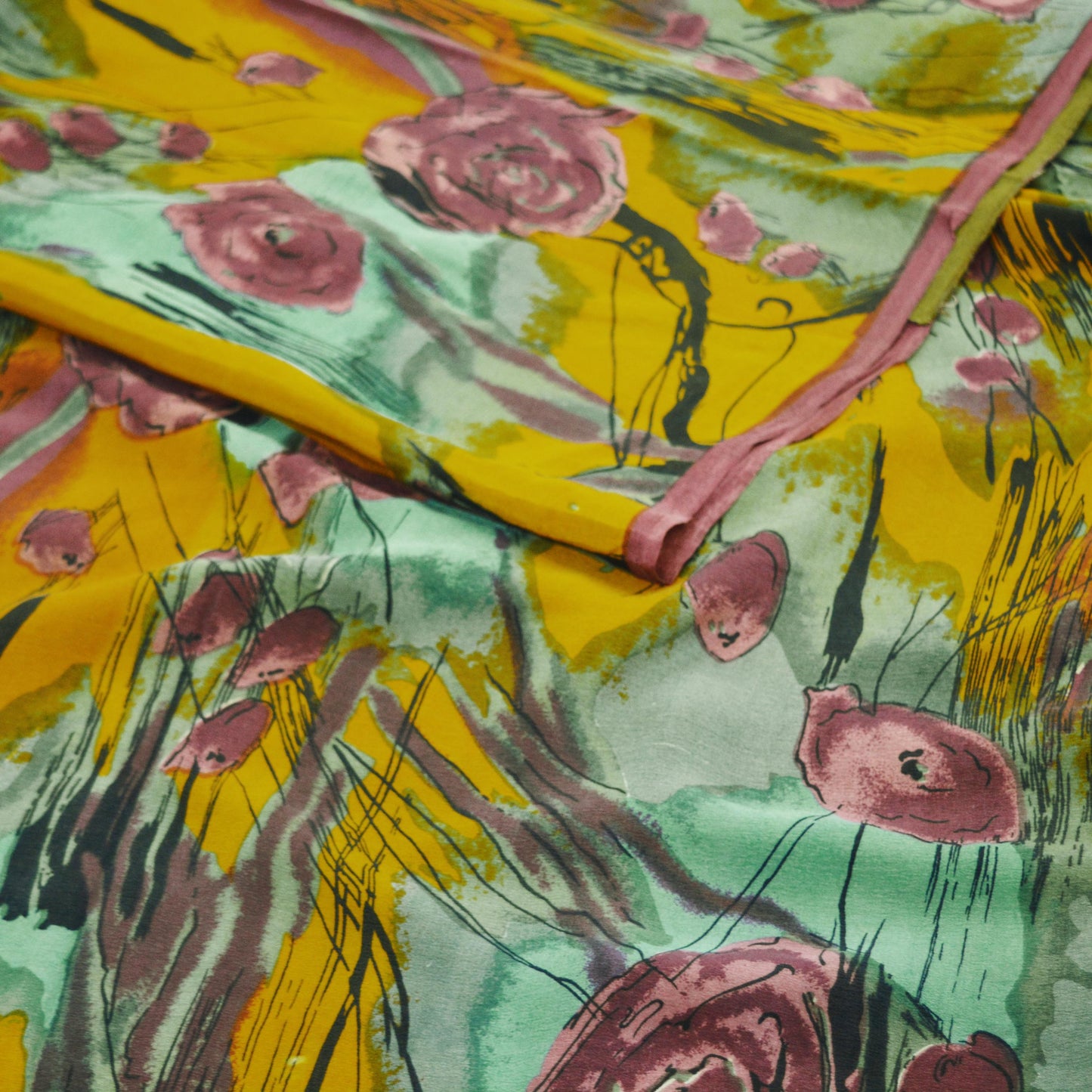 Indian Vintage Sari Green & Mustard Pure Crepe Silk Printed Saree 5yard Sewing Floral Soft Craft Fabric Wrap