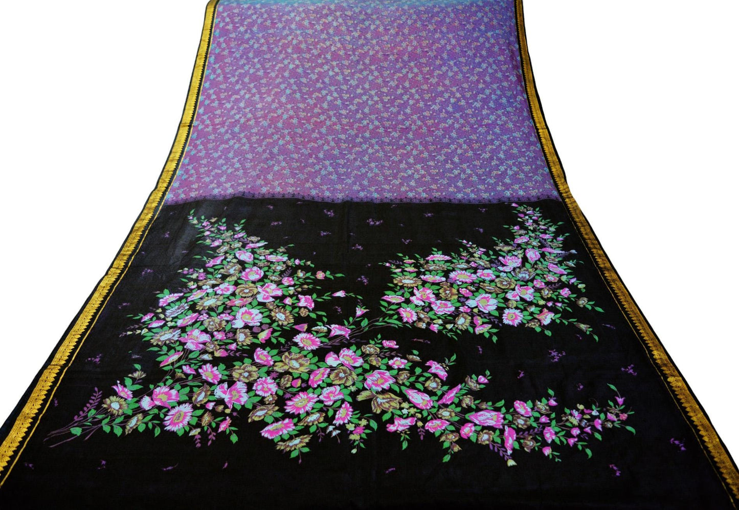 Indian Vintage Sari Black & Purple 100% Pure Silk Printed Saree 5yard Sewing Craft Fabric DressMaking Soft Zari Floral