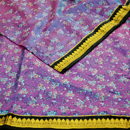 Indian Vintage Sari Black & Purple 100% Pure Silk Printed Saree 5yard Sewing Craft Fabric DressMaking Soft Zari Floral