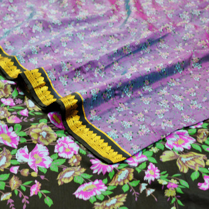 Indian Vintage Sari Black & Purple 100% Pure Silk Printed Saree 5yard Sewing Craft Fabric DressMaking Soft Zari Floral