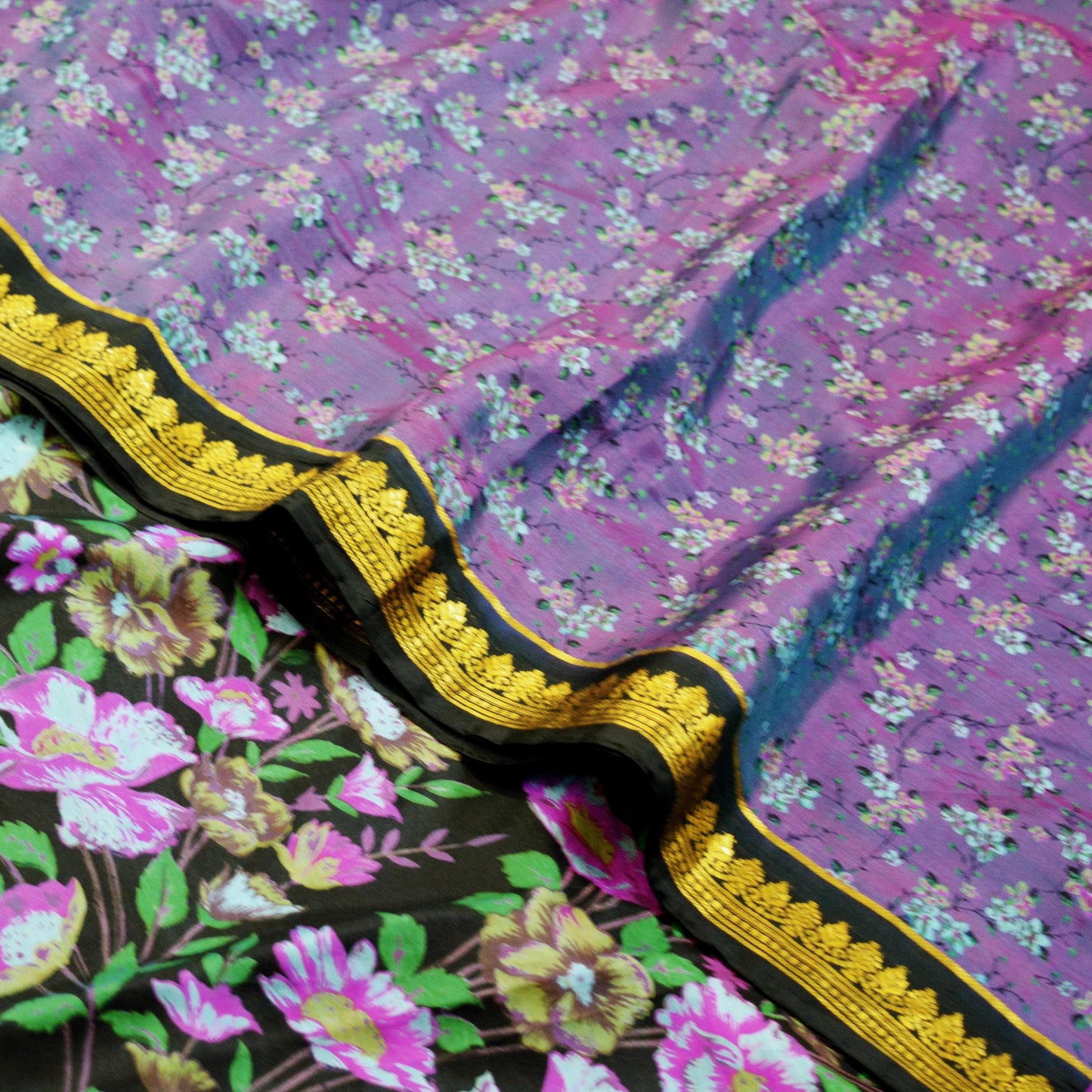 Indian Vintage Sari Black & Purple 100% Pure Silk Printed Saree 5yard Sewing Craft Fabric DressMaking Soft Zari Floral