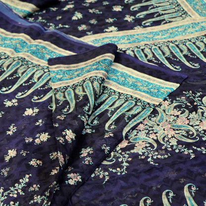 Indian Vintage Sari Deep Blue Pure Silk Printed Sarees 6yard Sewing Craft Fabric DressMaking Soft Floral