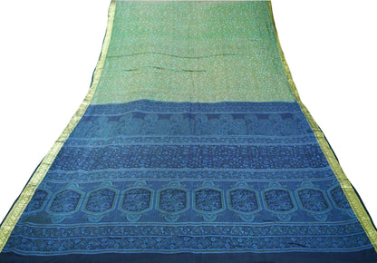 Indian Vintage Sari  Green & Blue 100% Pure Silk Printed Sarees Woven Sari 5yd Sewing Craft Fabric Dress Making Soft Zari Border