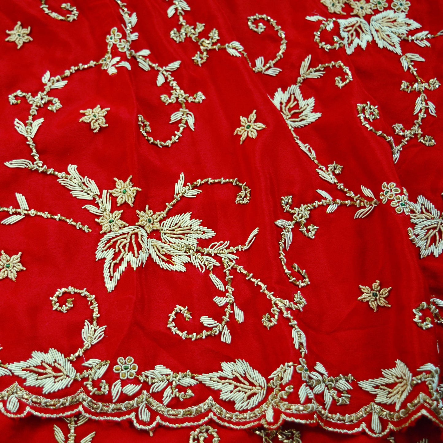 Indian Vintage Heavy Red Dupatta Moss Crepe Long Stole Hand Embroidered Scarf Zardozi/Dabka