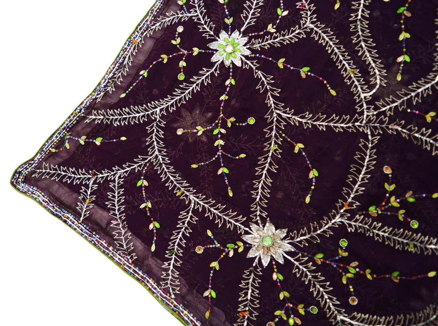 Indian Vintage Heavy Purple Dupatta Pure Georgette Silk Long Stole Hand Embroidered Scarf Zari Zardozi