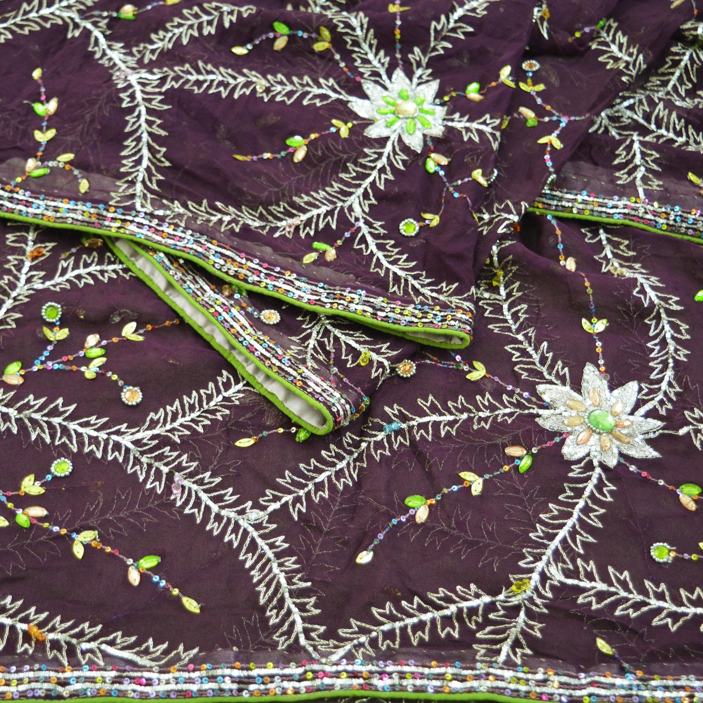 Indian Vintage Heavy Purple Dupatta Pure Georgette Silk Long Stole Hand Embroidered Scarf Zari Zardozi