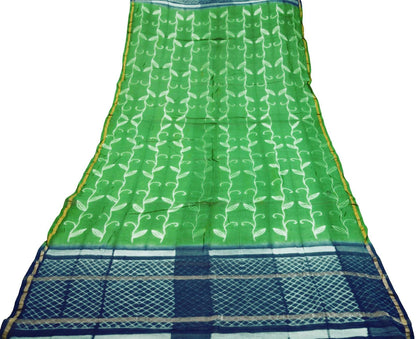 Indian Vintage Blue & Green Dupatta Long Stole Hand Block Print Pure Chanderi Silk Indian Scarves Veil Golden Zari