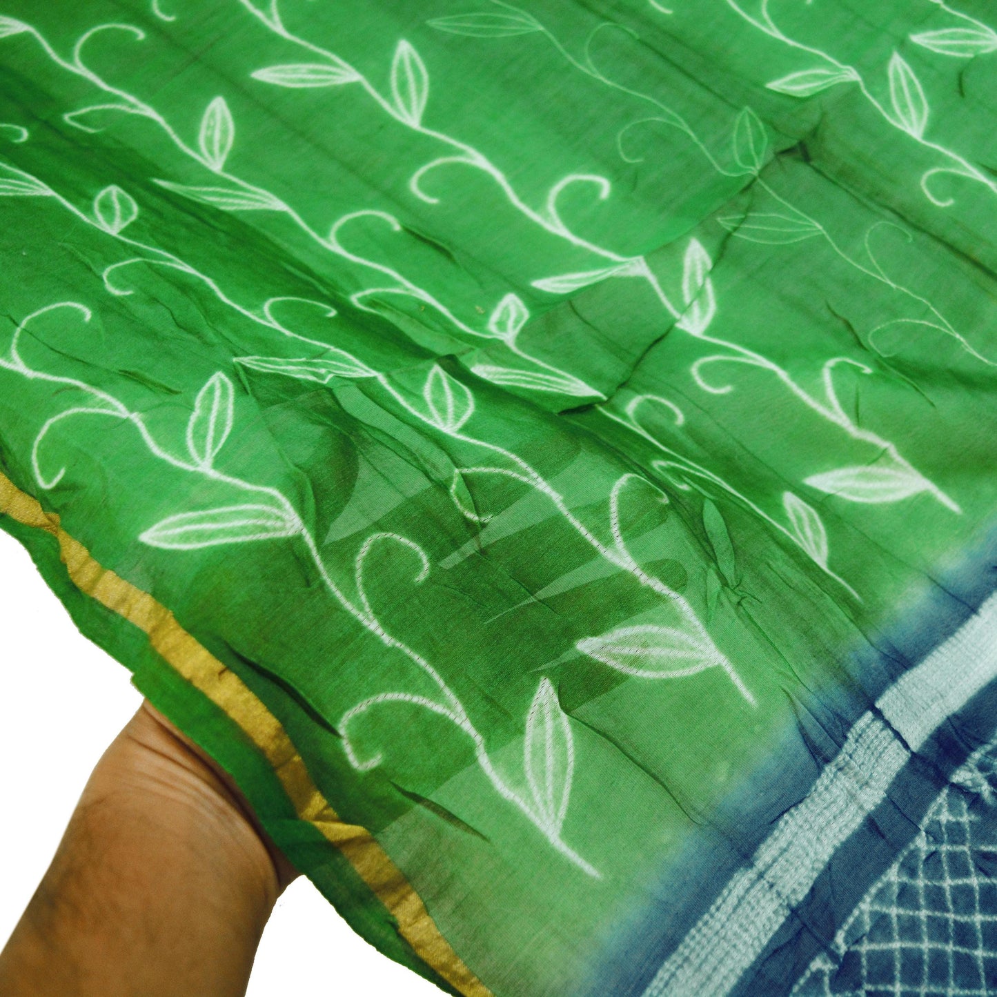 Indian Vintage Blue & Green Dupatta Long Stole Hand Block Print Pure Chanderi Silk Indian Scarves Veil Golden Zari